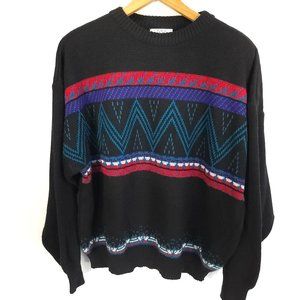 Vintage The Men's Store Sears Sweater XL Black Multicolor Geometric Design Retro